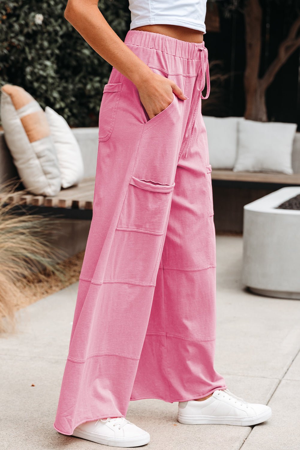 Bonbon Mineral Wash Exposed Seam Drawstring Elastic Waistband Wide Leg Cargo Pants - Blu Lotus Boutique