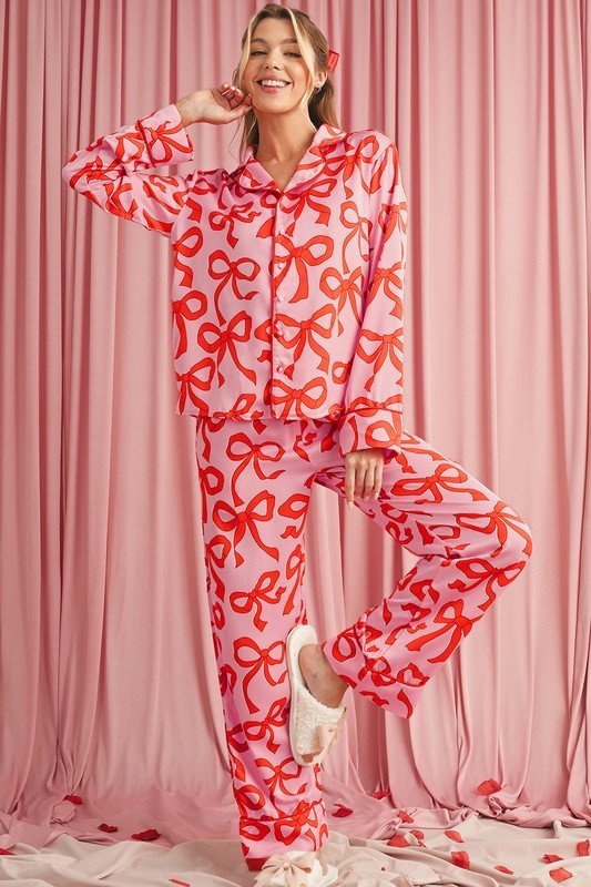Bow Button Up and Loose Pants Pajama Set - Blu Lotus Boutique