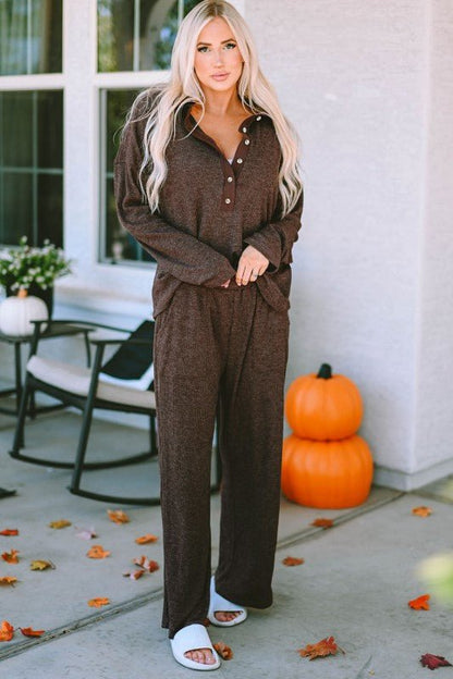 Brooke Ribbed Knit Collared Henley Top and Pants L - Blu Lotus Boutique