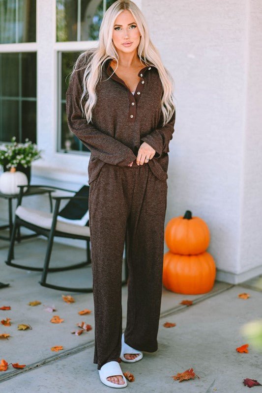 Brooke Ribbed Knit Collared Henley Top and Pants L - Blu Lotus Boutique