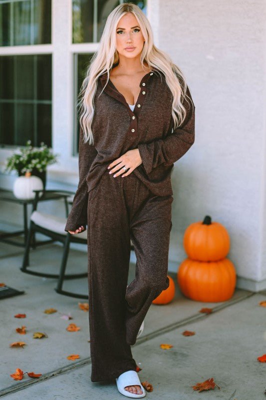 Brooke Ribbed Knit Collared Henley Top and Pants L - Blu Lotus Boutique