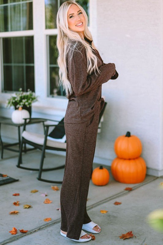 Brooke Ribbed Knit Collared Henley Top and Pants L - Blu Lotus Boutique