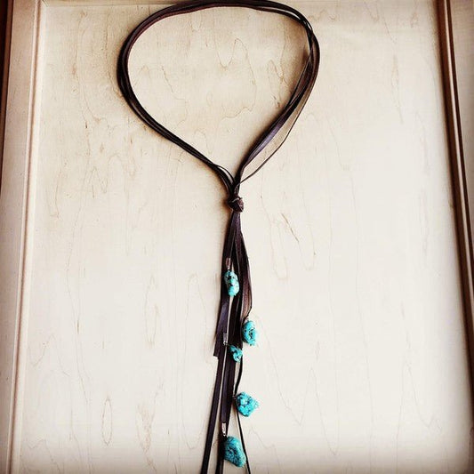 Brown Lasso Necklace with Turquoise Accents - Blu Lotus Boutique
