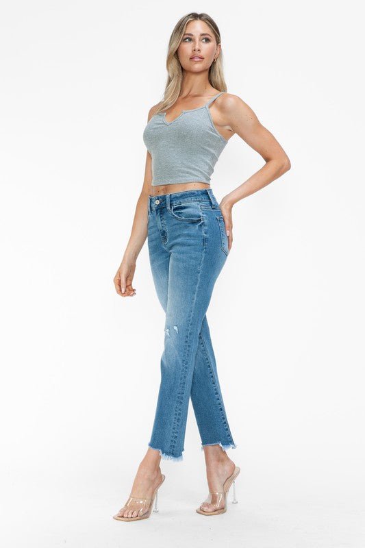 bytos Raw Hem Distressed Mid Rise Crop Jeans - Blu Lotus Boutique