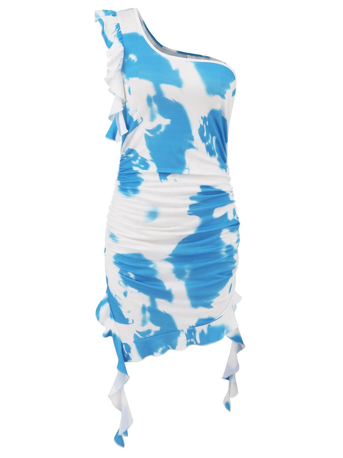 Ruffled Tie-Dye Single Shoulder Mini Dress - Blu Lotus Boutique