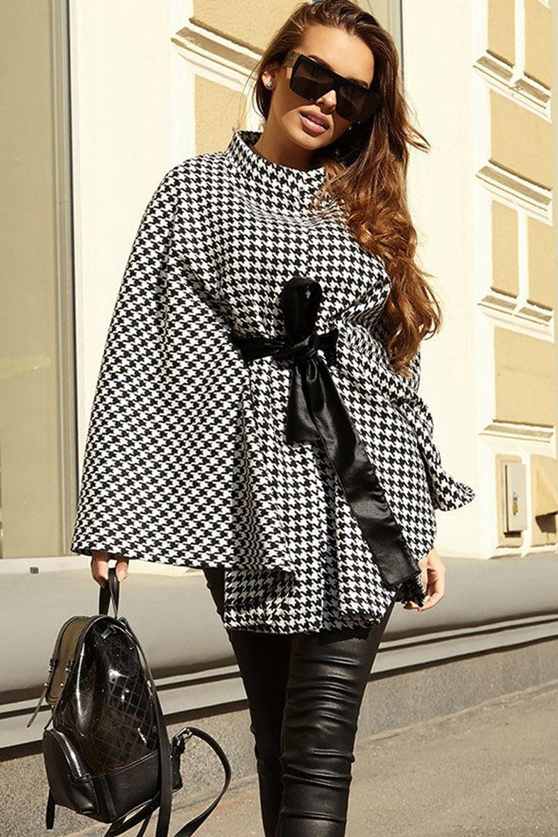 Houndstooth Tie Waist Trench Coat - Blu Lotus Boutique