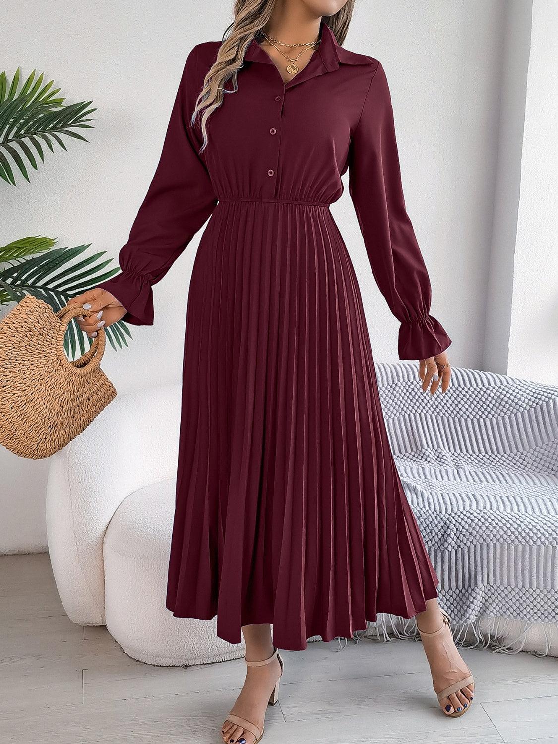 Pleated Half Button Long Sleeve Midi Dress - Blu Lotus Boutique