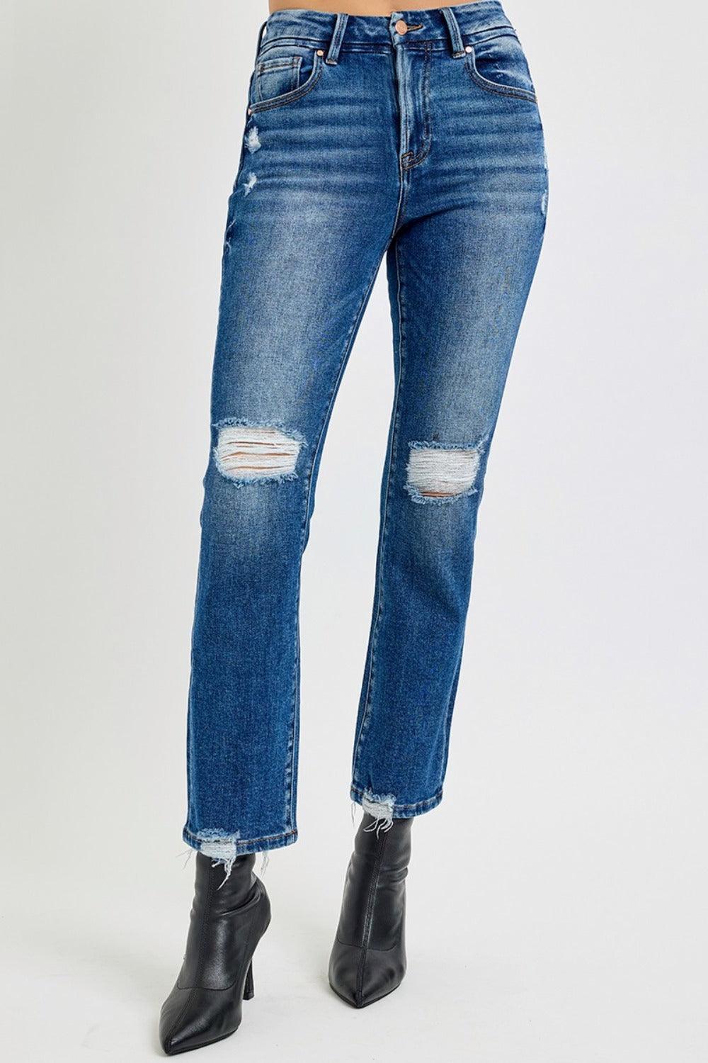 RISEN Full Size High Rise Distressed Crop Straight Jeans - Blu Lotus Boutique