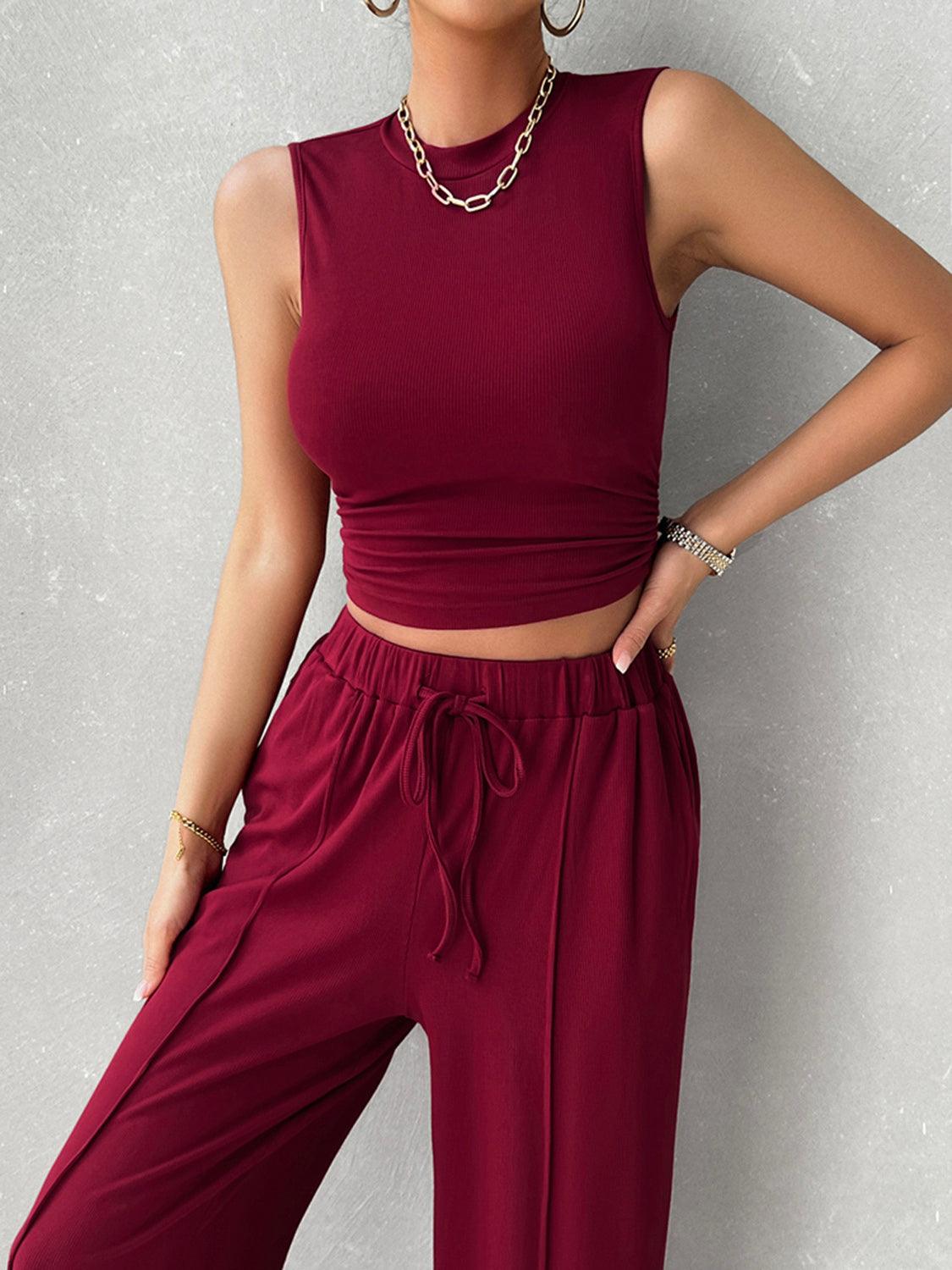 Devine Mock Neck Sleeveless Top and Drawstring Pants Set - Blu Lotus Boutique