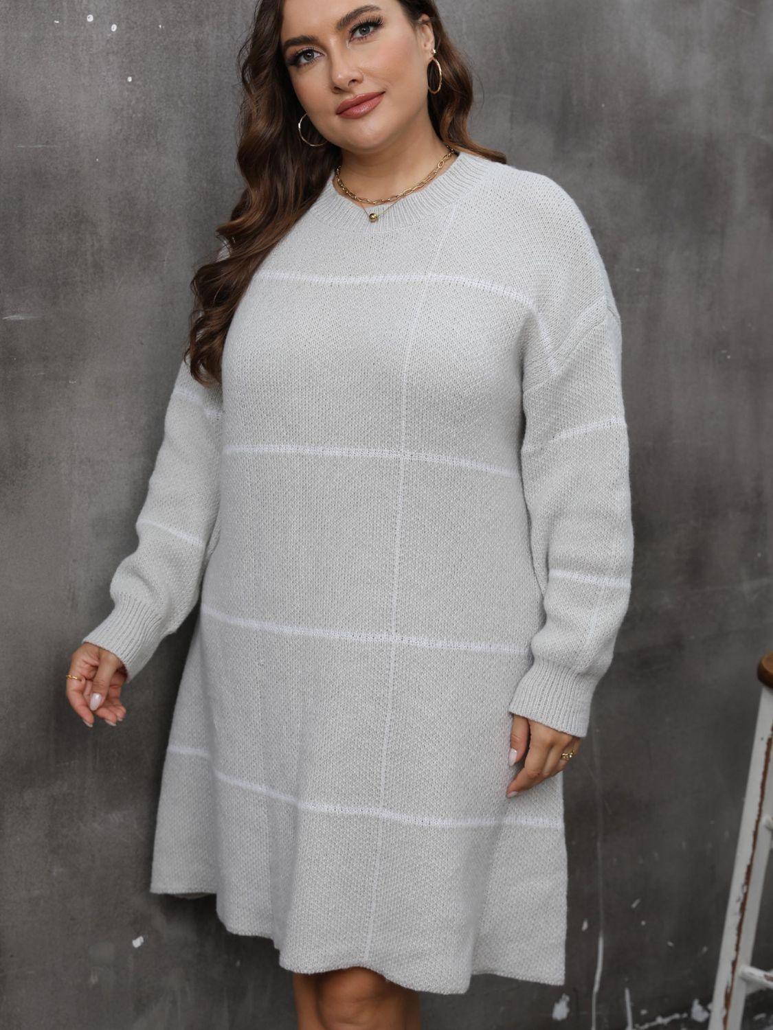 Plus Size Round Neck Long Sleeve Sweater Dress - Blu Lotus Boutique