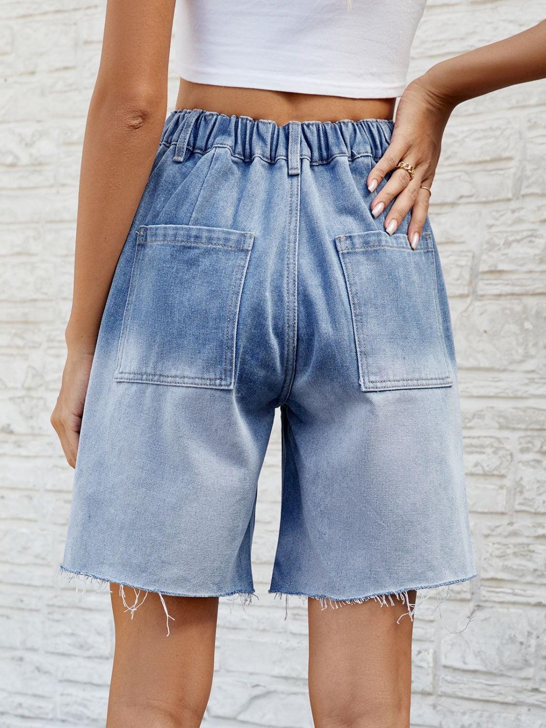 Buttoned Raw Hem Denim Shorts with Pockets - Blu Lotus Boutique