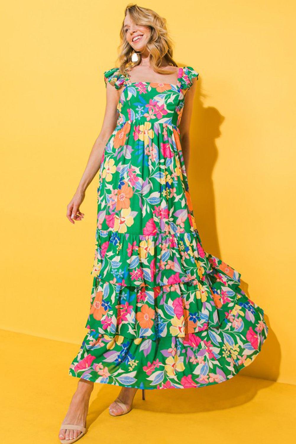 Green Floral Print Sleeveless Ruffle Tiered Maxi Dress - Blu Lotus Boutique