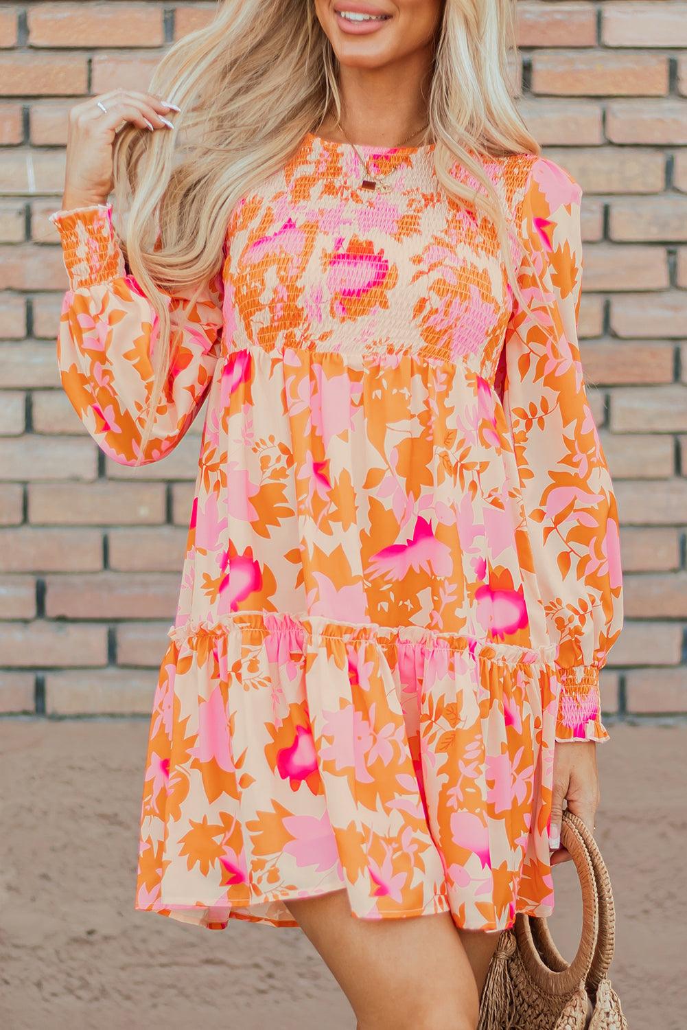 Orange Abstract Print Smocked Lantern Sleeve Ruffle Mini Dress - Blu Lotus Boutique