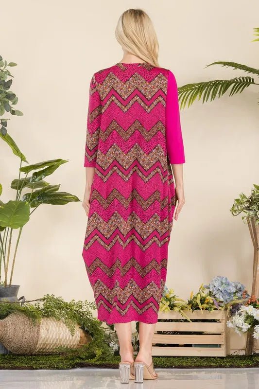 Celeste Full Size Geo Print Paneled Dress with Buttons Plus Size - Blu Lotus Boutique