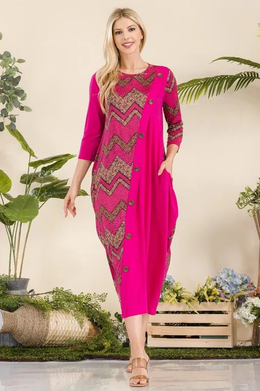 Celeste Full Size Geo Print Paneled Dress with Buttons Plus Size - Blu Lotus Boutique