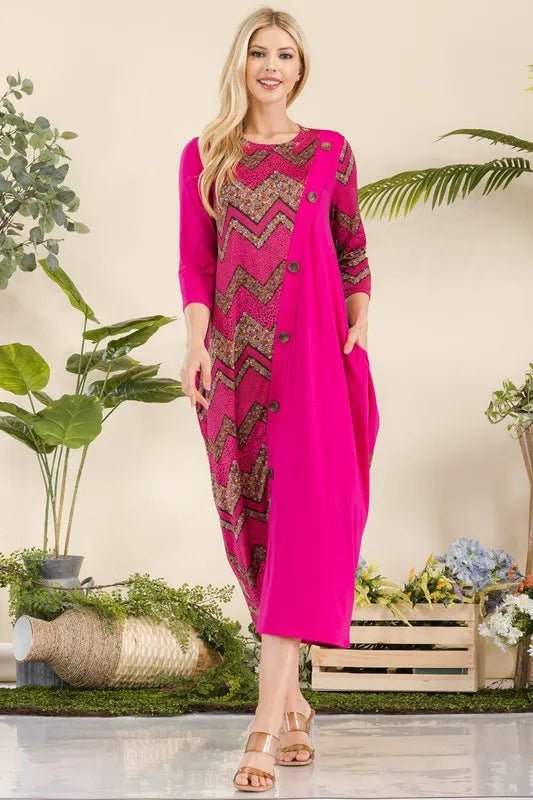 Celeste Full Size Geo Print Paneled Dress with Buttons Plus Size - Blu Lotus Boutique