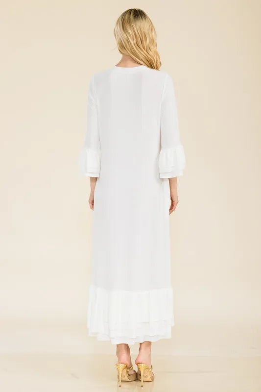 Celeste Full Size Modest Midi Dress with 3/4 Ruffle Bell Sleeves Plus Size - Blu Lotus Boutique