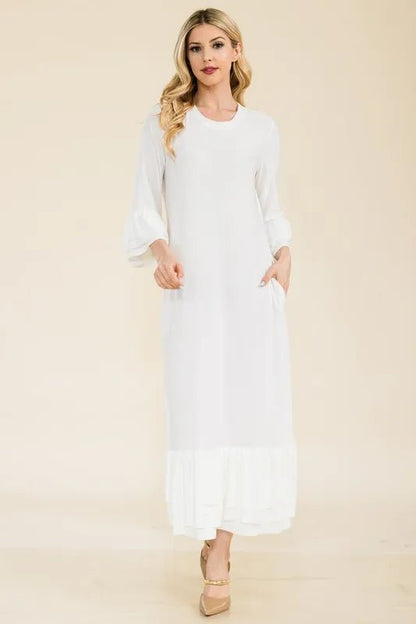 Celeste Full Size Modest Midi Dress with 3/4 Ruffle Bell Sleeves Plus Size - Blu Lotus Boutique