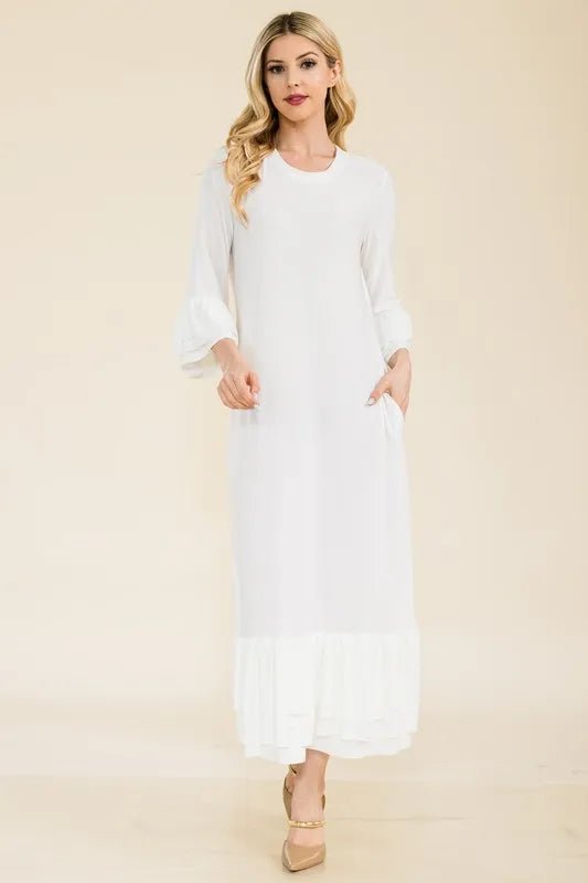 Celeste Full Size Modest Midi Dress with 3/4 Ruffle Bell Sleeves Plus Size - Blu Lotus Boutique
