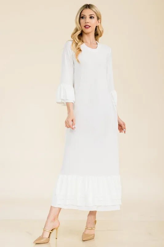 Celeste Full Size Modest Midi Dress with 3/4 Ruffle Bell Sleeves Plus Size - Blu Lotus Boutique