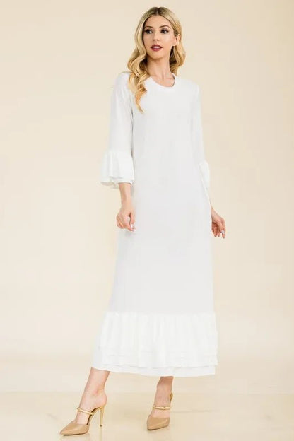 Celeste Full Size Modest Midi Dress with 3/4 Ruffle Bell Sleeves Plus Size - Blu Lotus Boutique