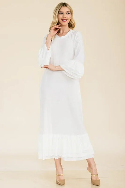 Celeste Full Size Modest Midi Dress with 3/4 Ruffle Bell Sleeves Plus Size - Blu Lotus Boutique