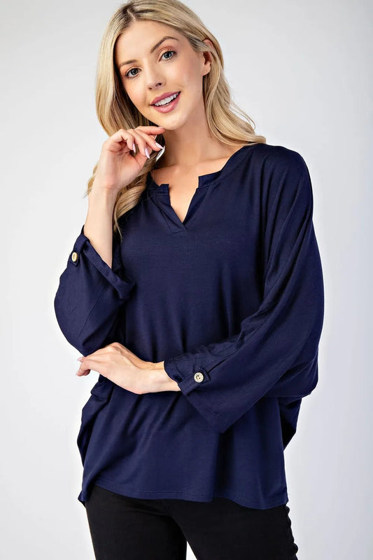 Celeste Full Size Notched Three - Quarter Sleeve Blouse - Blu Lotus Boutique