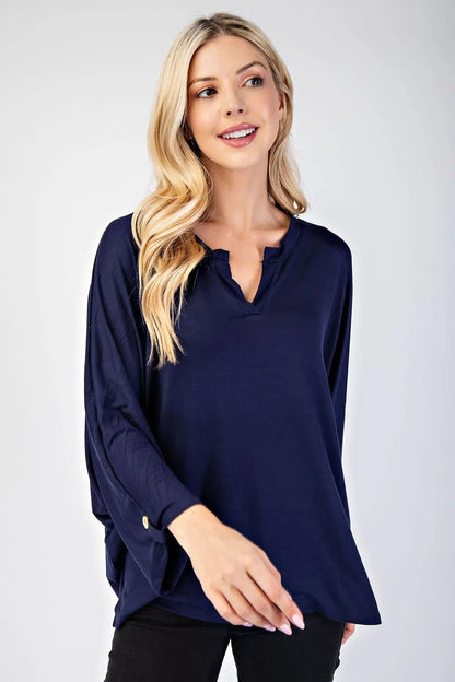 Celeste Full Size Notched Three - Quarter Sleeve Blouse - Blu Lotus Boutique