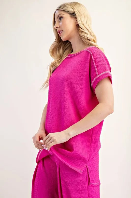 Celeste Full Size Relaxed - fit Textured Top with Short Sleeves Plus Size - Blu Lotus Boutique
