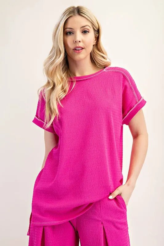Celeste Full Size Relaxed - fit Textured Top with Short Sleeves Plus Size - Blu Lotus Boutique