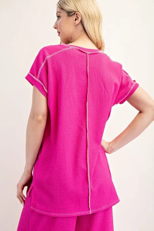 Celeste Full Size Relaxed - fit Textured Top with Short Sleeves Plus Size - Blu Lotus Boutique