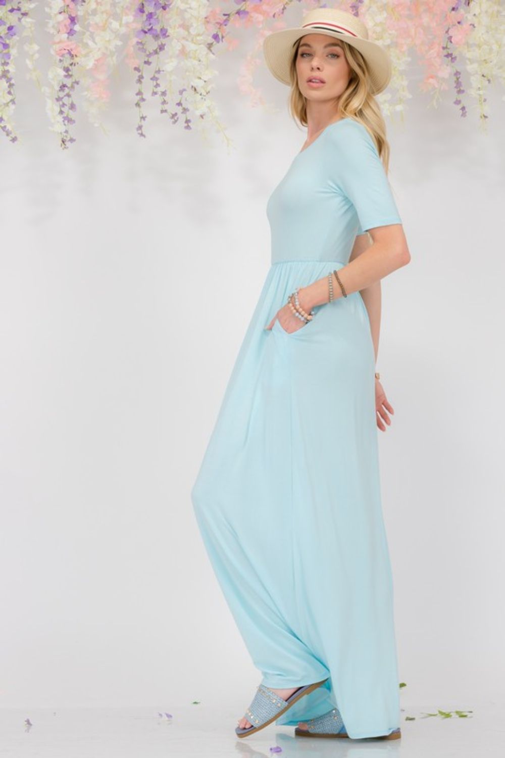 Celeste Full Size Round Neck Short Sleeve Maxi Dress with Pockets Plus Size - Blu Lotus Boutique