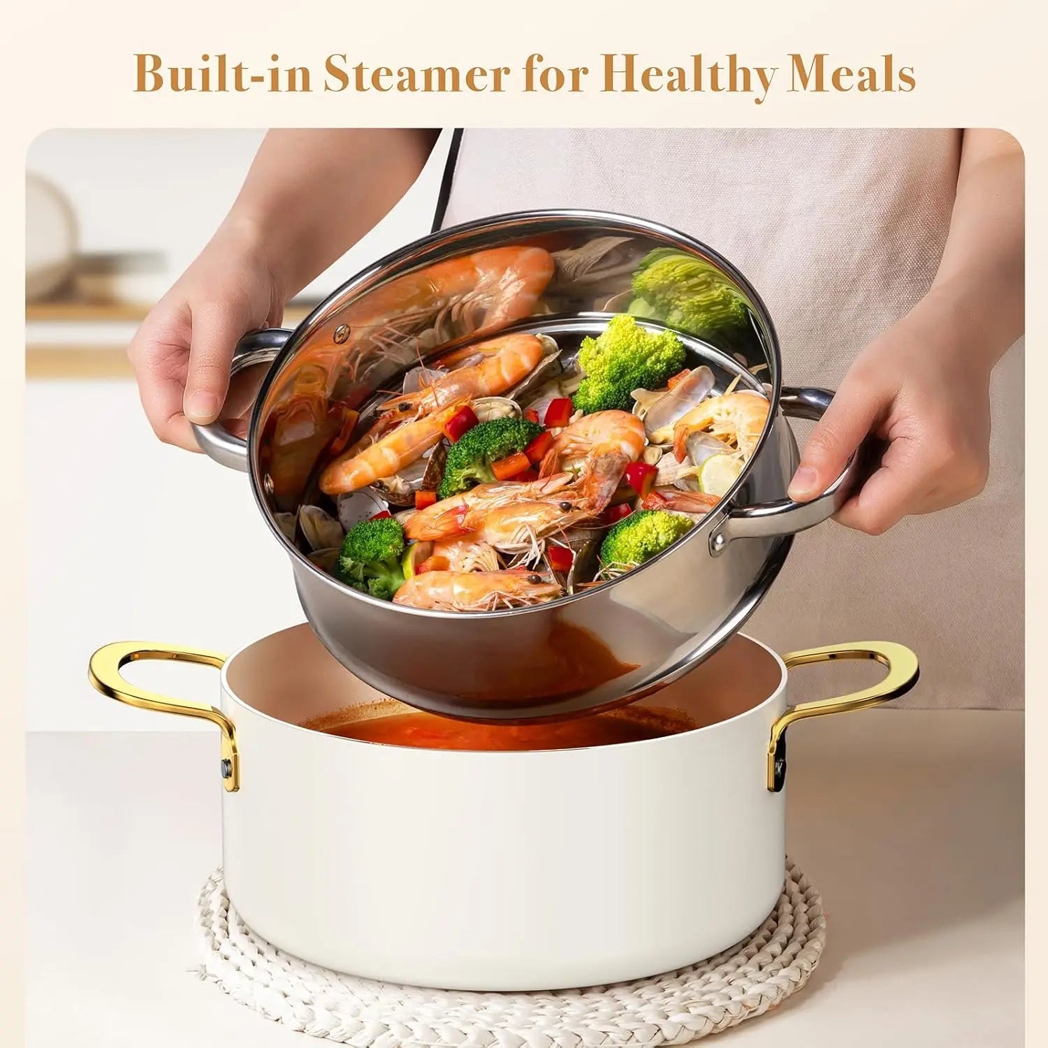 Ceramic Cookware Set 15 - Pieces, Pots and Pans Set Non Stick, Oven Safe Non Toxic, Kitchen Cookware Set, PFOA PTFE FREE, Gold Wh - Blu Lotus Boutique