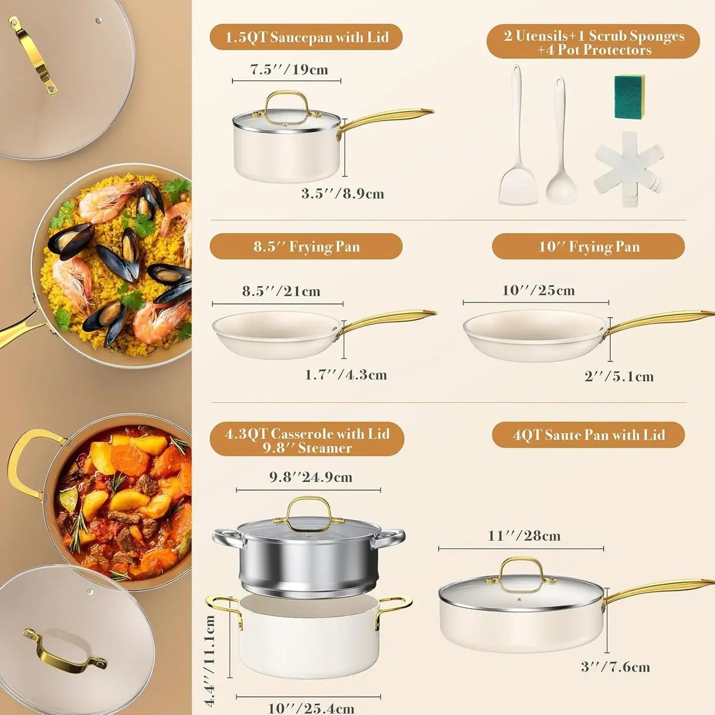 Ceramic Cookware Set 15 - Pieces, Pots and Pans Set Non Stick, Oven Safe Non Toxic, Kitchen Cookware Set, PFOA PTFE FREE, Gold Wh - Blu Lotus Boutique