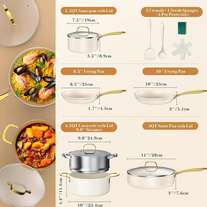 Ceramic Cookware Set 15 - Pieces, Pots and Pans Set Non Stick, Oven Safe Non Toxic, Kitchen Cookware Set, PFOA PTFE FREE, Gold Wh - Blu Lotus Boutique