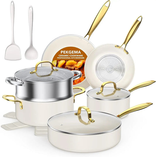 Ceramic Cookware Set 15 - Pieces, Pots and Pans Set Non Stick, Oven Safe Non Toxic, Kitchen Cookware Set, PFOA PTFE FREE, Gold Wh - Blu Lotus Boutique