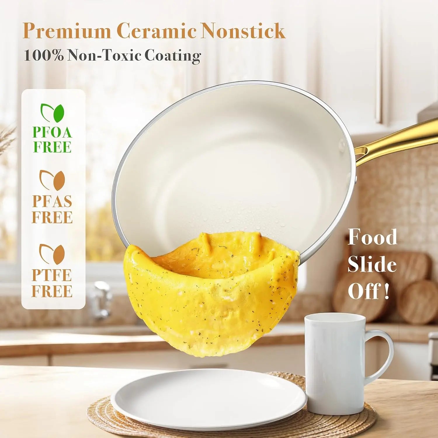 Ceramic Cookware Set 15 - Pieces, Pots and Pans Set Non Stick, Oven Safe Non Toxic, Kitchen Cookware Set, PFOA PTFE FREE, Gold Wh - Blu Lotus Boutique