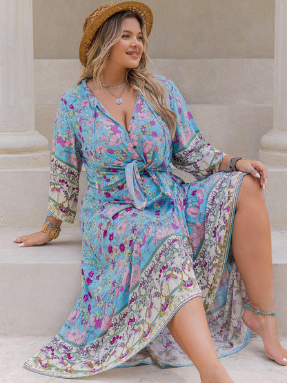 Plus Size Printed Tie Neck Top and Skirt Set - Blu Lotus Boutique