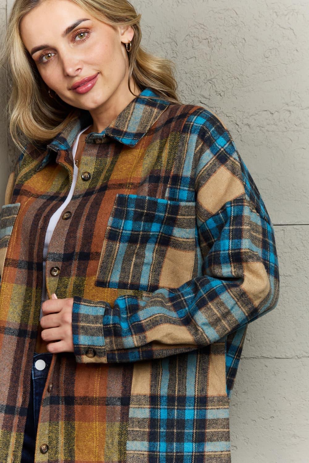 Double Take Plaid Curved Hem Shirt Jacket with Breast Pockets - Blu Lotus Boutique