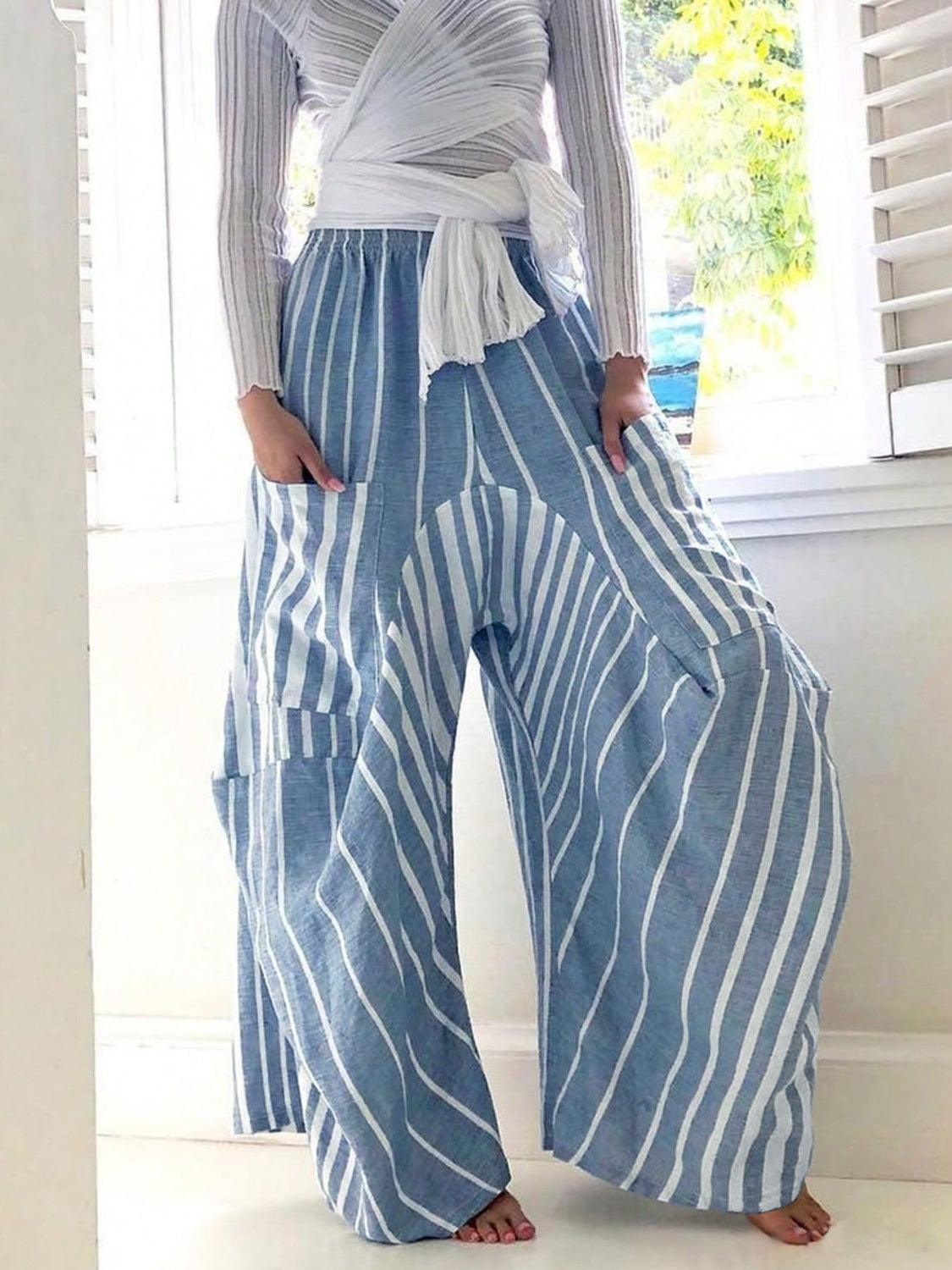 Striped Elastic Waist Wide Leg Pants - Blu Lotus Boutique