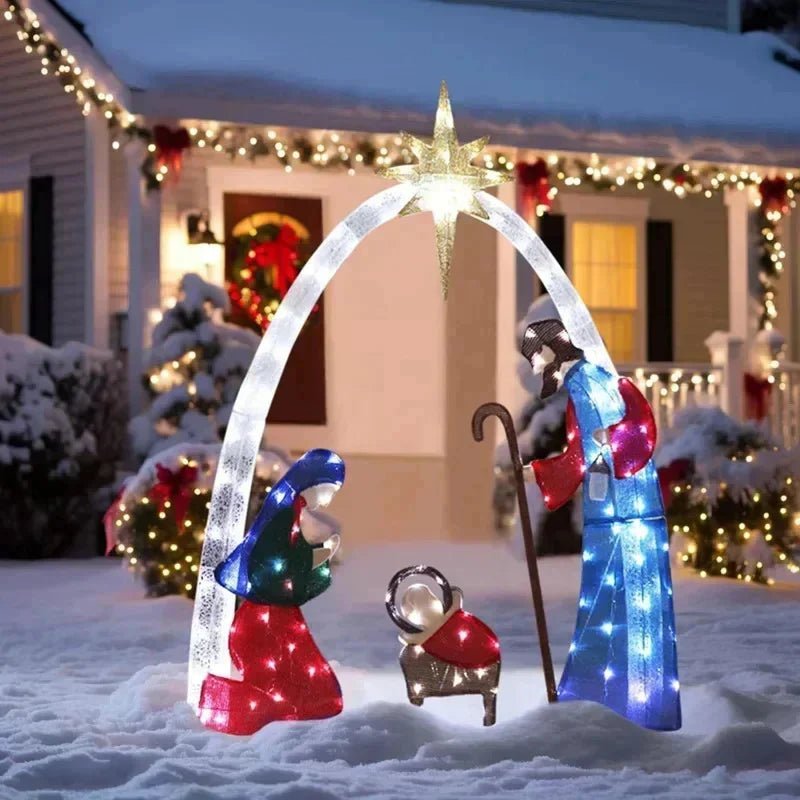 Christmas Lighted Nativity Scene Set For Outdoor Yard Decor Featuring Holy Family Mary Joseph Jesus And Glowing Star Arch - Blu Lotus Boutique
