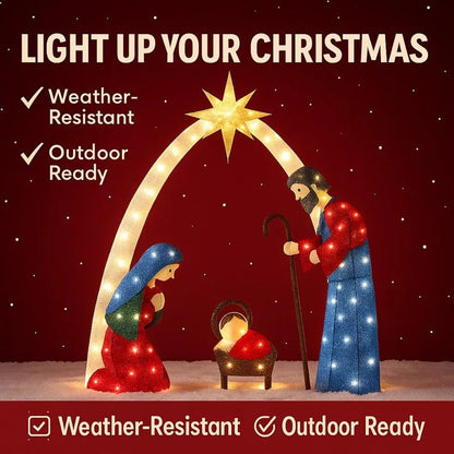 Christmas Lighted Nativity Scene Set For Outdoor Yard Decor Featuring Holy Family Mary Joseph Jesus And Glowing Star Arch - Blu Lotus Boutique