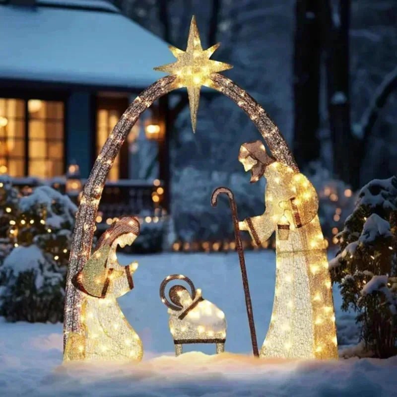 Christmas Lighted Nativity Scene Set For Outdoor Yard Decor Featuring Holy Family Mary Joseph Jesus And Glowing Star Arch - Blu Lotus Boutique