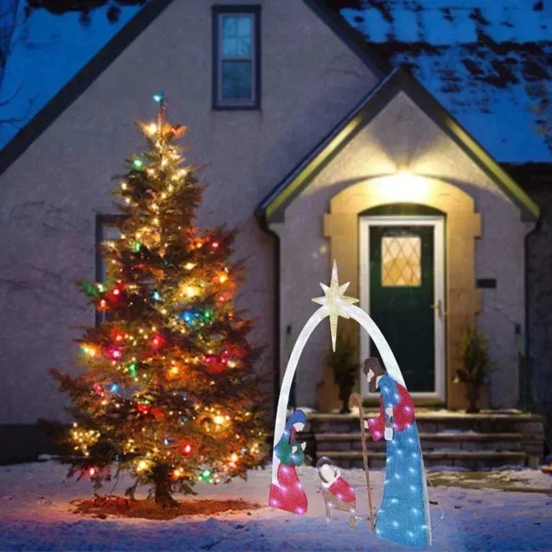 Christmas Lighted Nativity Scene Set For Outdoor Yard Decor Featuring Holy Family Mary Joseph Jesus And Glowing Star Arch - Blu Lotus Boutique