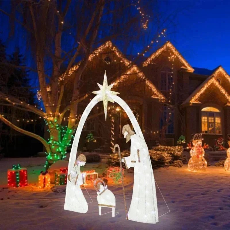 Christmas Lighted Nativity Scene Set For Outdoor Yard Decor Featuring Holy Family Mary Joseph Jesus And Glowing Star Arch - Blu Lotus Boutique