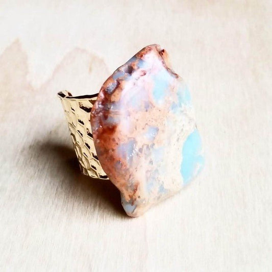 Chunky Aqua Terra Slab on Hammered Cuff Ring Base - Blu Lotus Boutique