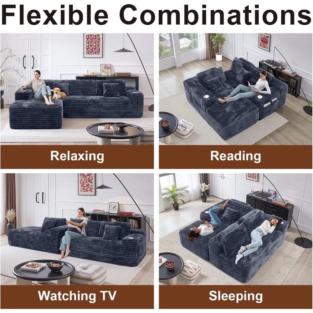 Cloud Sectional Couch with L - Shape Chaise, Modern Modular Sofa with Deep Seat, Built - in Cup Holder & Storage Pocket - Blu Lotus Boutique