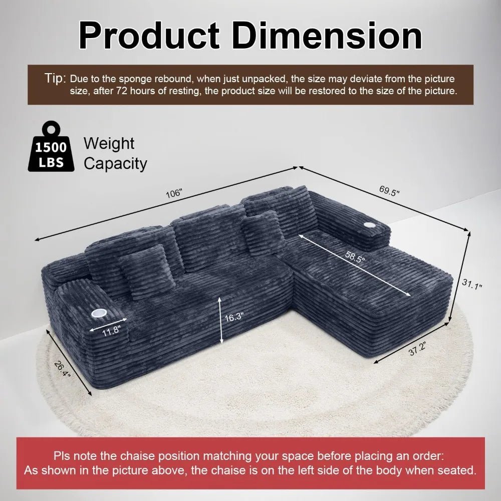 Cloud Sectional Couch with L - Shape Chaise, Modern Modular Sofa with Deep Seat, Built - in Cup Holder & Storage Pocket - Blu Lotus Boutique