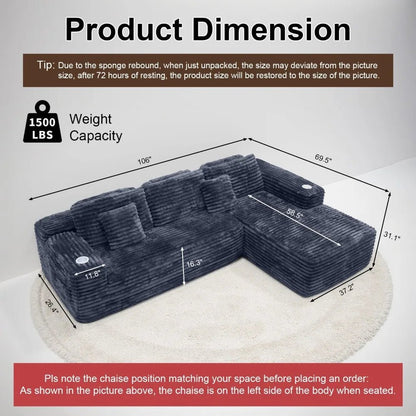 Cloud Sectional Couch with L - Shape Chaise, Modern Modular Sofa with Deep Seat, Built - in Cup Holder & Storage Pocket - Blu Lotus Boutique
