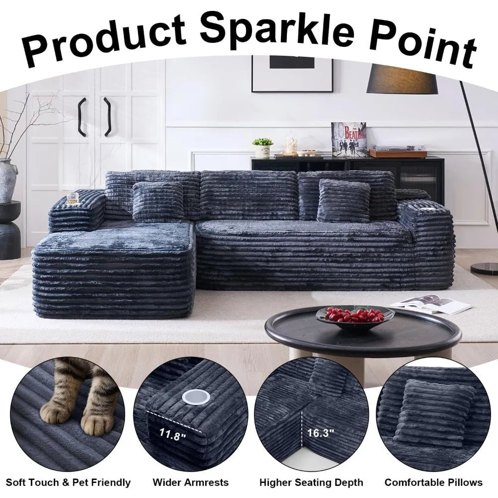 Cloud Sectional Couch with L - Shape Chaise, Modern Modular Sofa with Deep Seat, Built - in Cup Holder & Storage Pocket - Blu Lotus Boutique